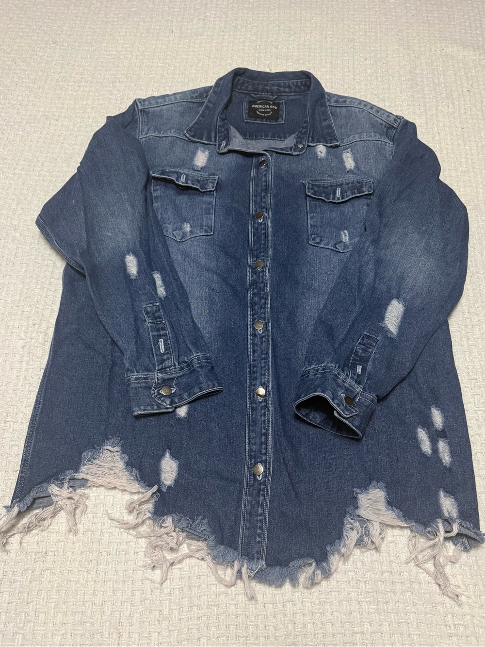 American Bazi distressed longline denim jacket, women’s 2XL. Great condition.